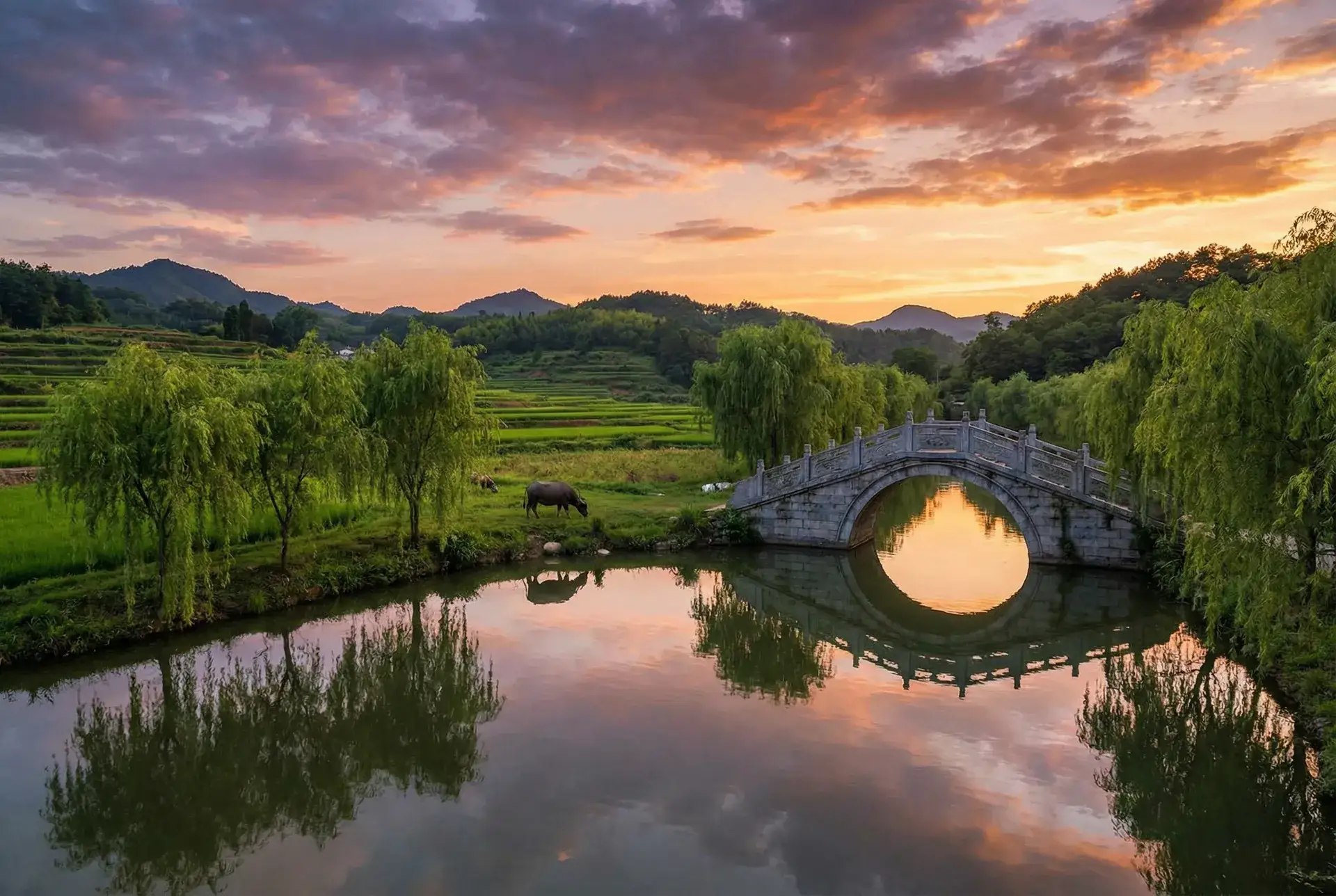 夕阳下的石拱桥与垂柳，水牛在河边吃草 - 玻钻之争电视剧 乡村美景